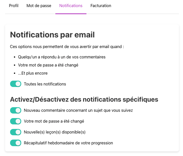 Notifications apprenant