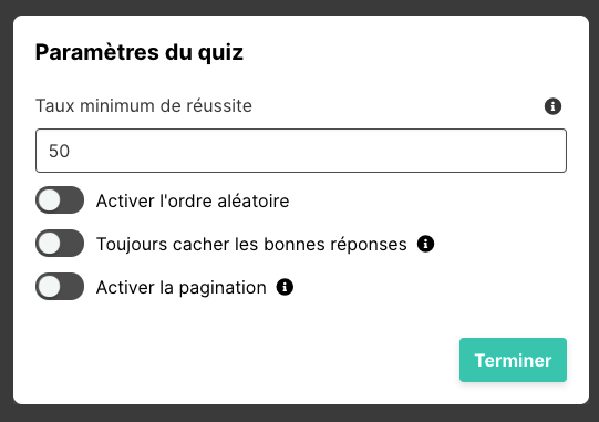 Paramètres des quiz