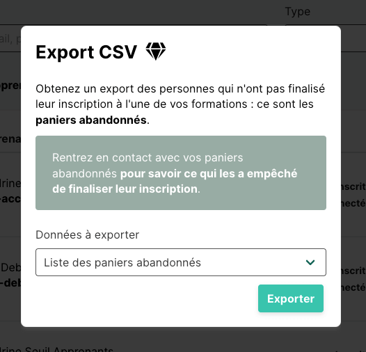 Export des paniers abandonnés Teachizy