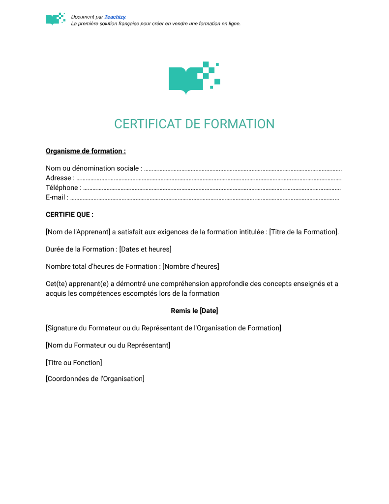 modele certificat de formation