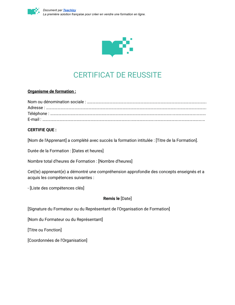 modele certificat de réussite