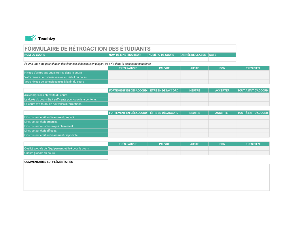 modèle de formulaire de feedback formation