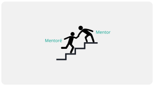 un petit escalier avec le mentoré (une silhouette ou un petit picto) qui monte une marche grâce à l’aide du mentor (une autre silhouette ou un autre picto)