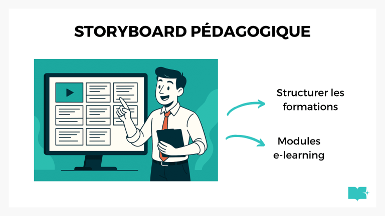 -illustration => Illustration vectorielle dynamique montrant un formateur devant un écran, avec un storyboard