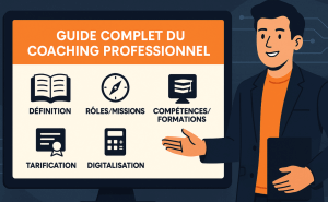 Illustration vectorielle dynamique montrant un coach debout devant un tableau interactif. Le tableau affiche des icônes symbolisant la définition (livre ouvert), les rôles/missions (boussole), les compétences/formations (diplôme), la tarification (calculatrice) et la digitalisation (écran digital), avec un bandeau intégrant le titre 'Guide Complet du Coaching Professionnel'.