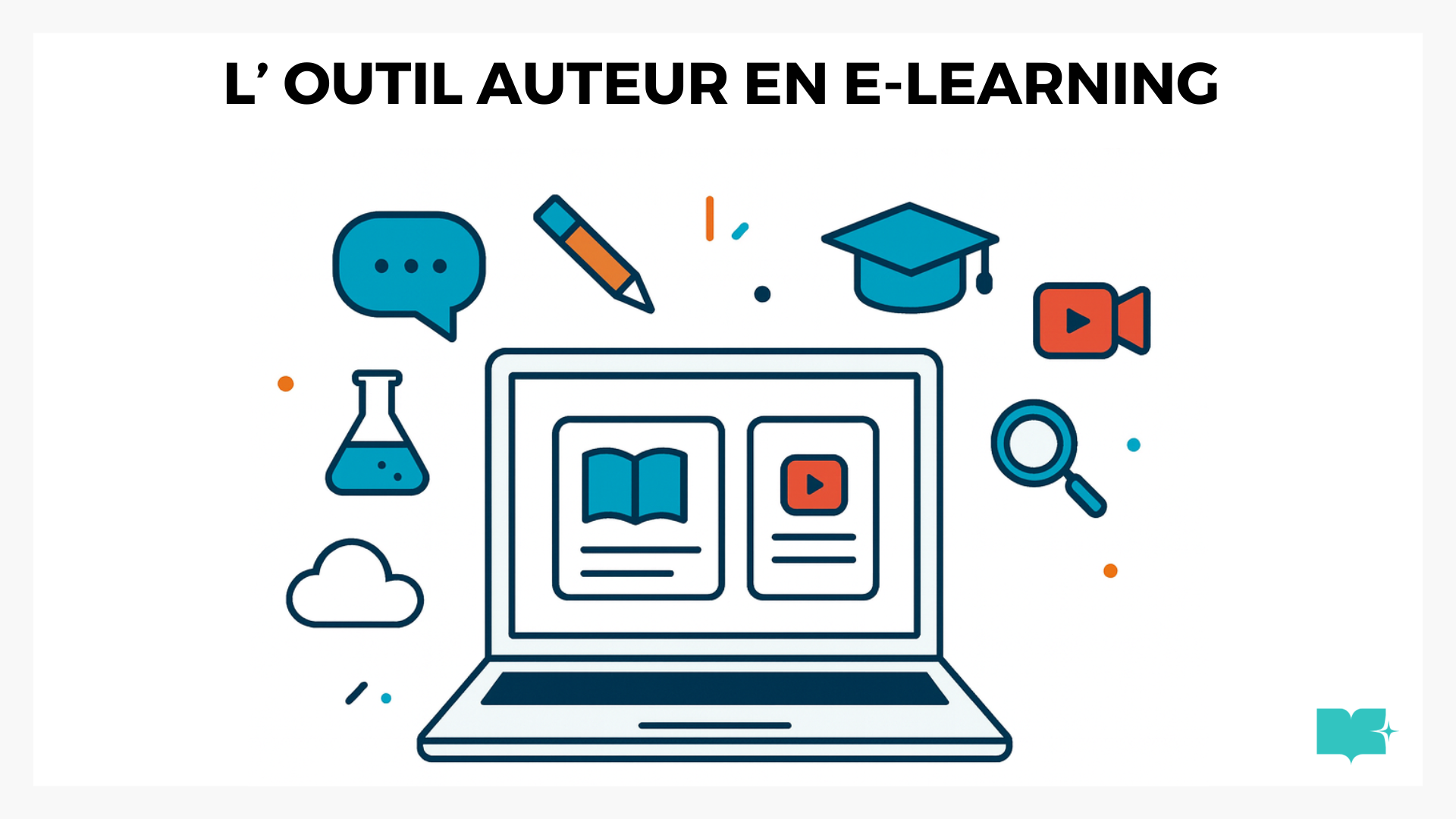 Au centre, un ordinateur dont l’écran affiche un module d’apprentissage en ligne stylisé (un livre, un bloc de texte ou une vignette